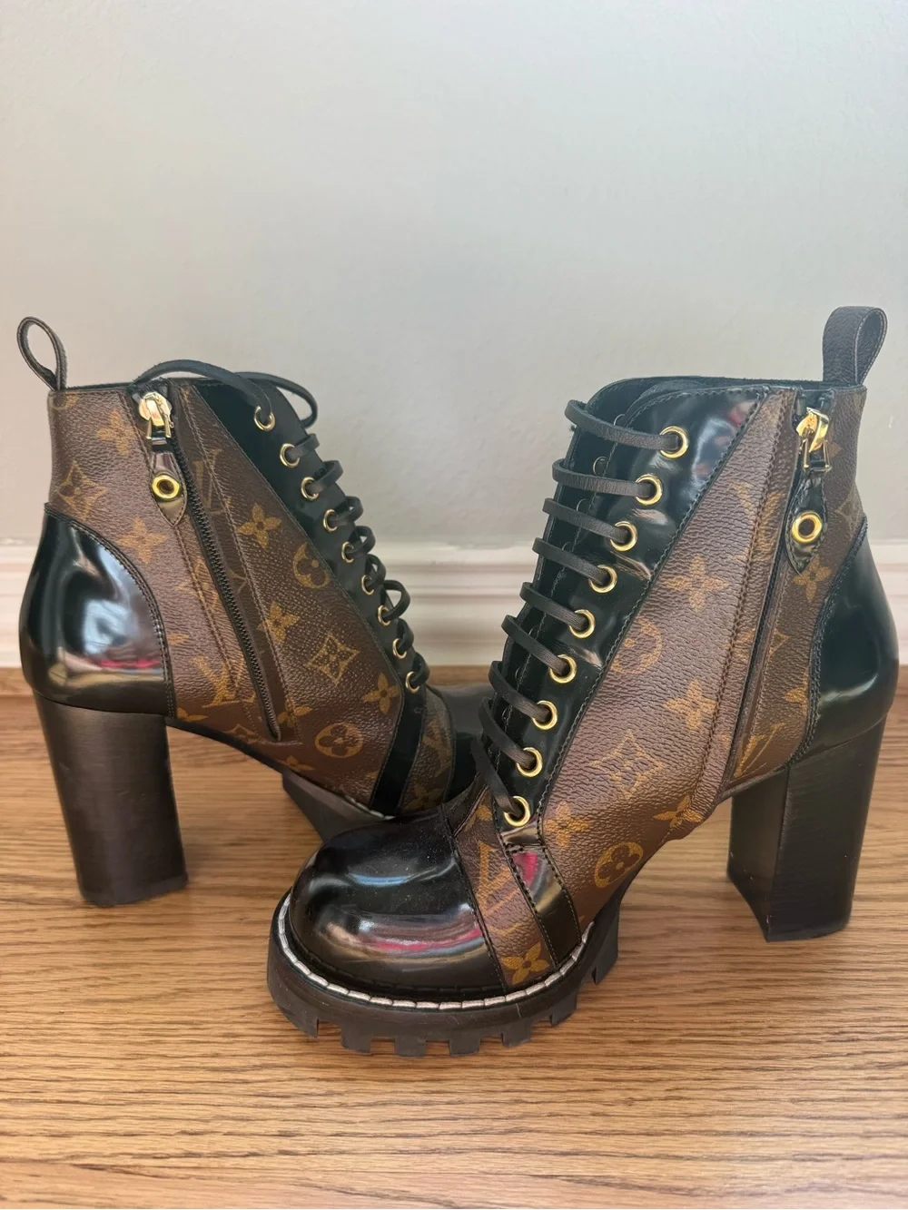 Louis Vuitton Black and Brown Monogram Lace-Up Block Heel Boots